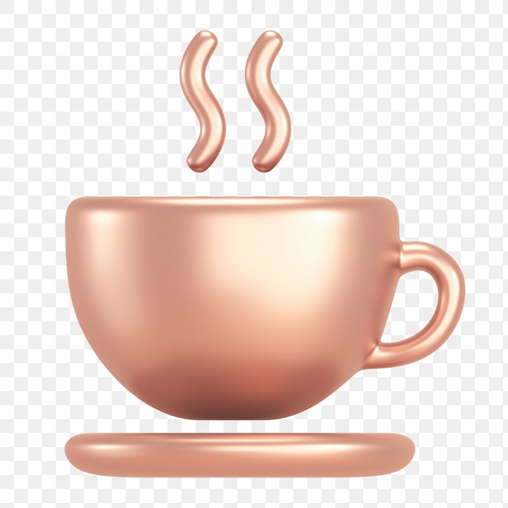 Coffee png, cafe icon sticker, rose gold 3D rendering, transparent background
