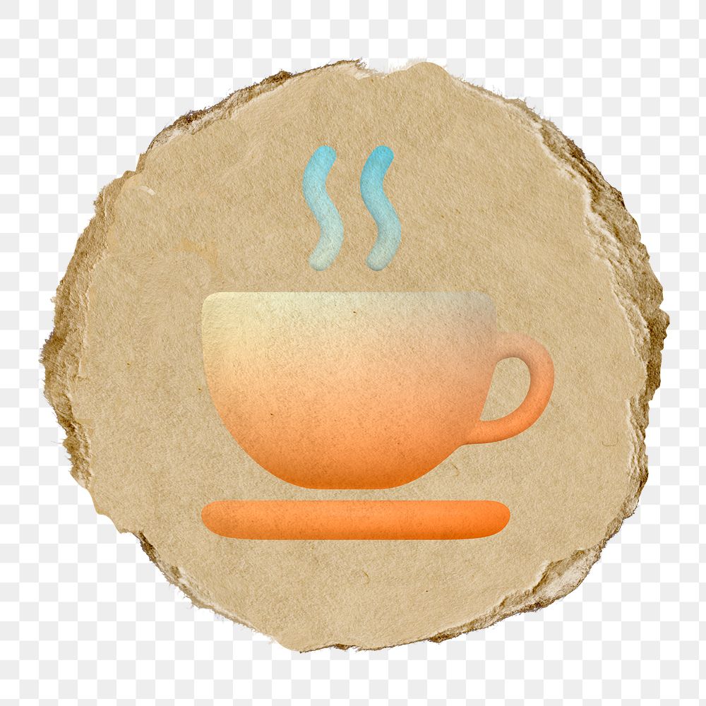 Coffee mug png icon sticker, ripped paper badge, transparent background