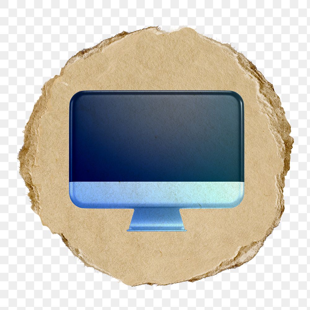 Blue computer png, icon sticker, ripped paper badge, transparent background