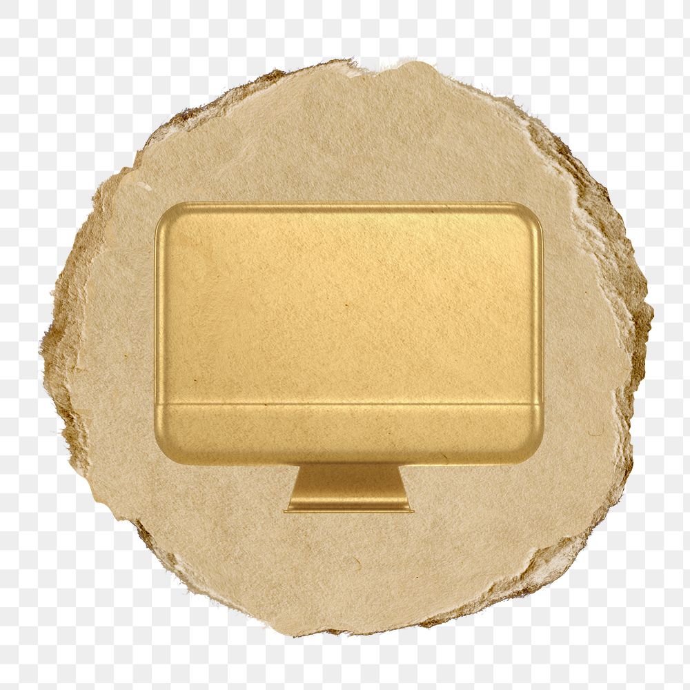 Gold computer png icon sticker, ripped paper badge, transparent background