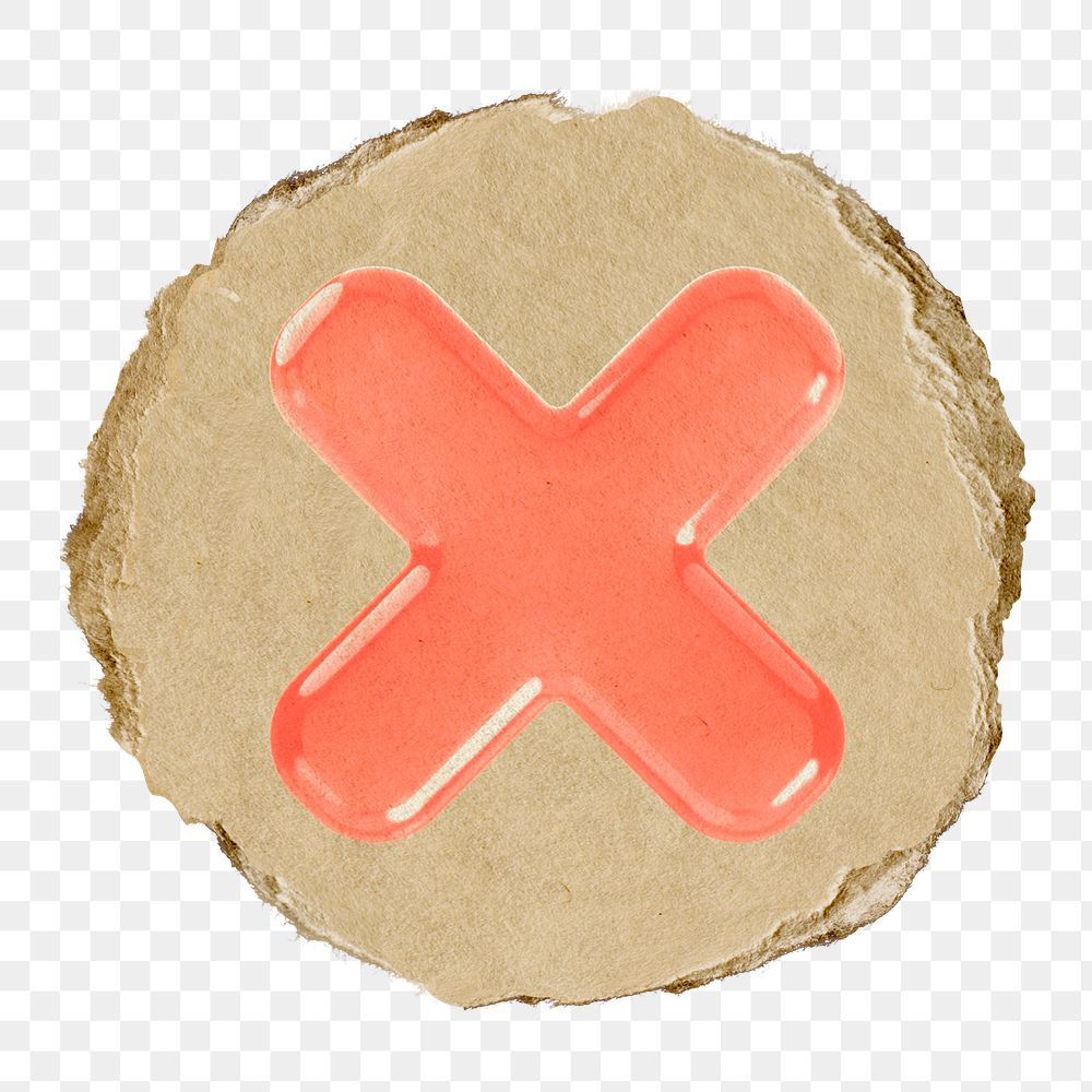 X mark png icon sticker, ripped paper badge, transparent background