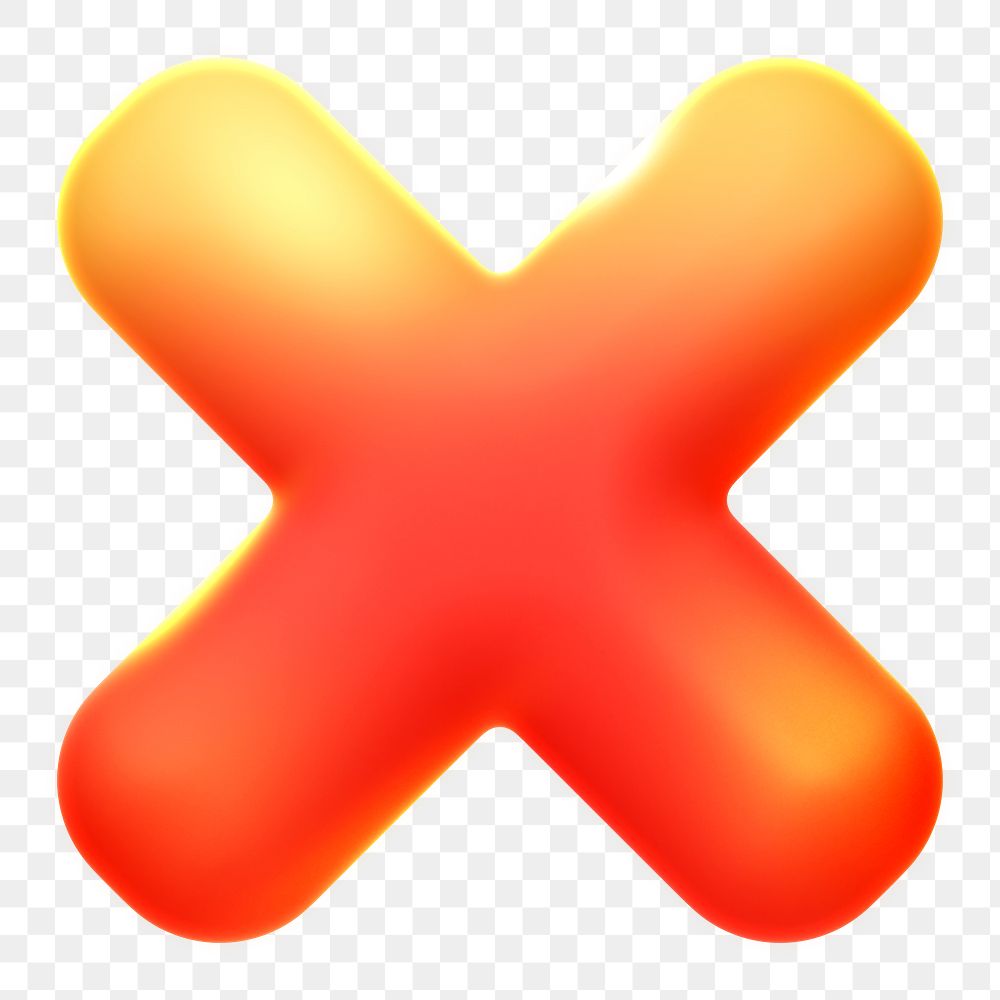 X mark png, neon icon sticker, 3D rendering, transparent background