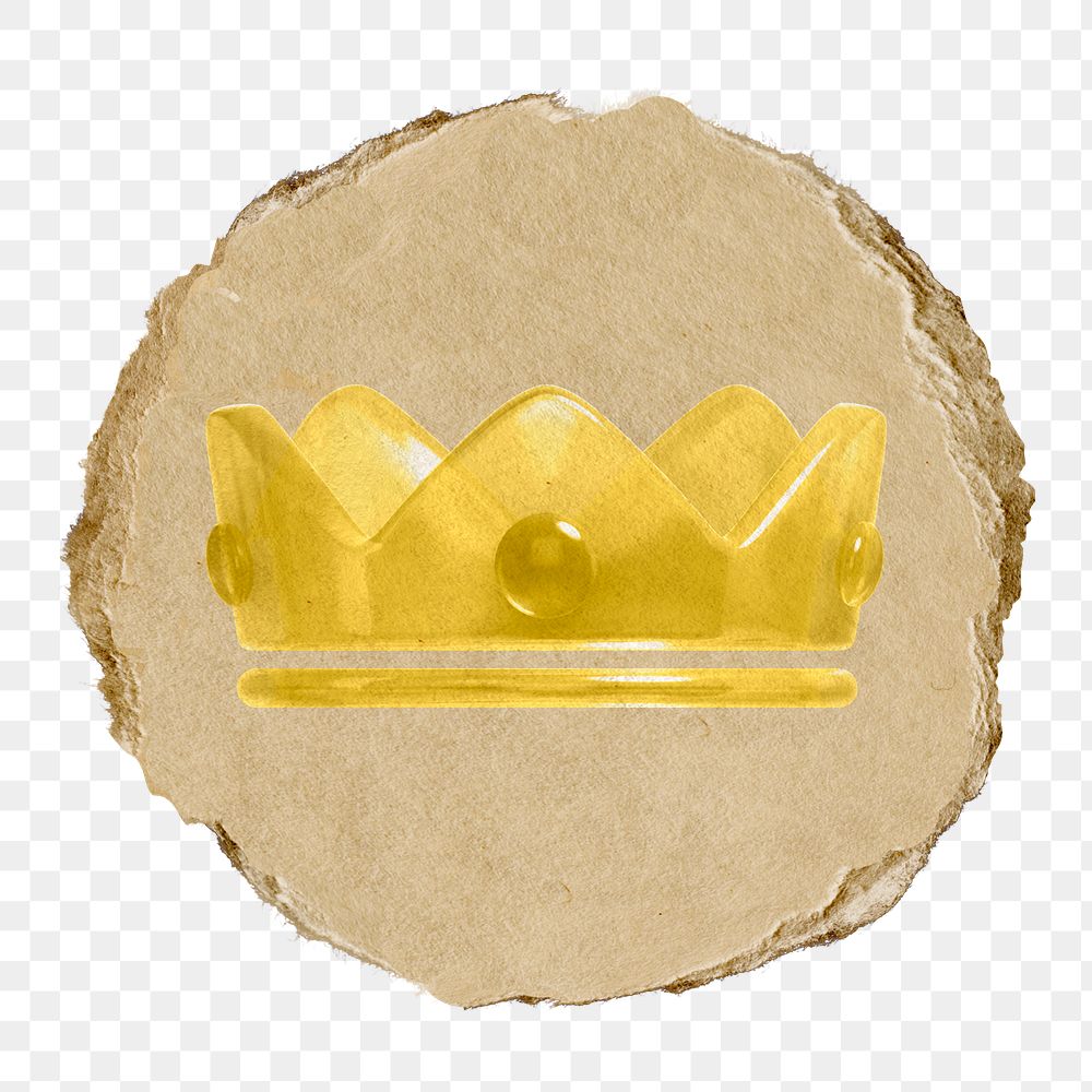Gold crown png, ranking icon sticker, ripped paper badge, transparent background