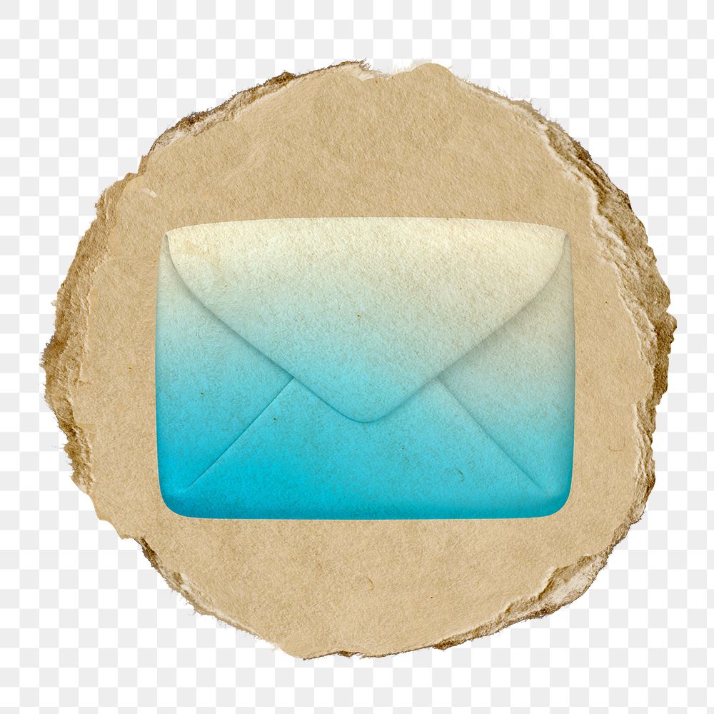 Blue envelope, email png icon sticker, ripped paper badge, transparent background