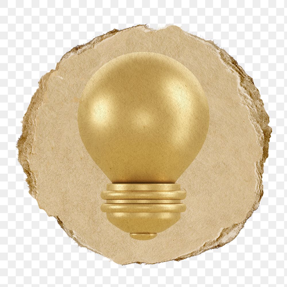 PNG gold light bulb icon sticker, ripped paper badge, transparent background