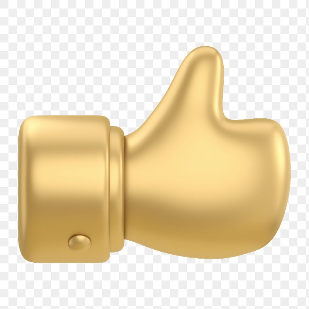 Thumbs up png, gold icon sticker, 3D rendering, transparent background