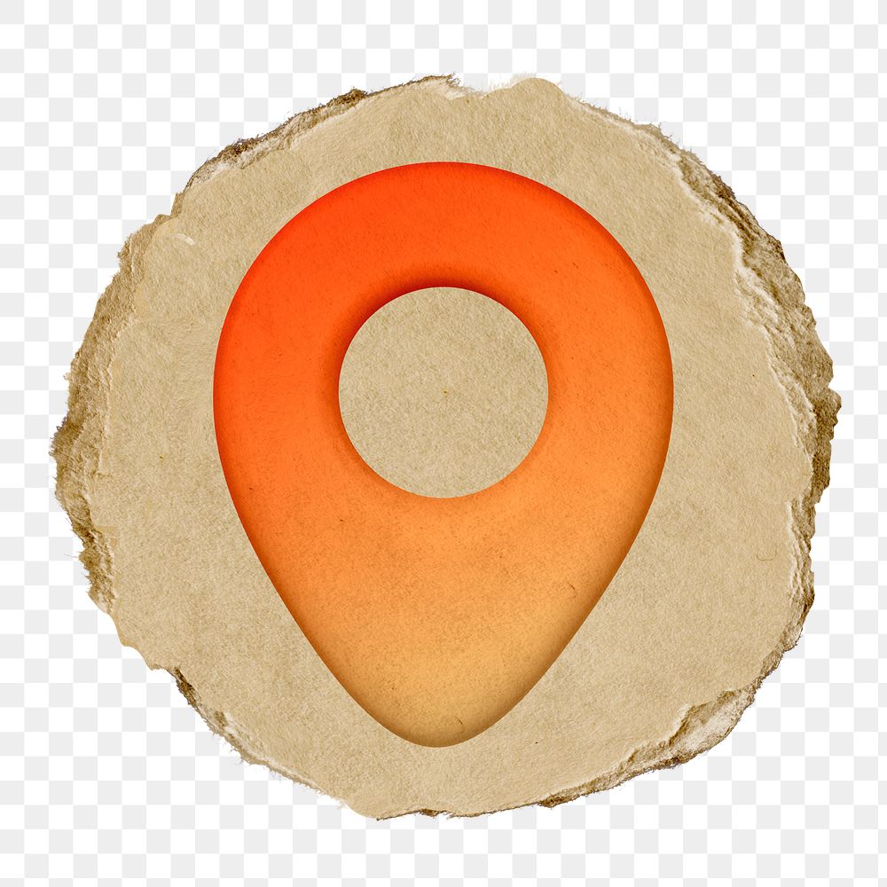 Location pin png, orange icon sticker, ripped paper badge, transparent background