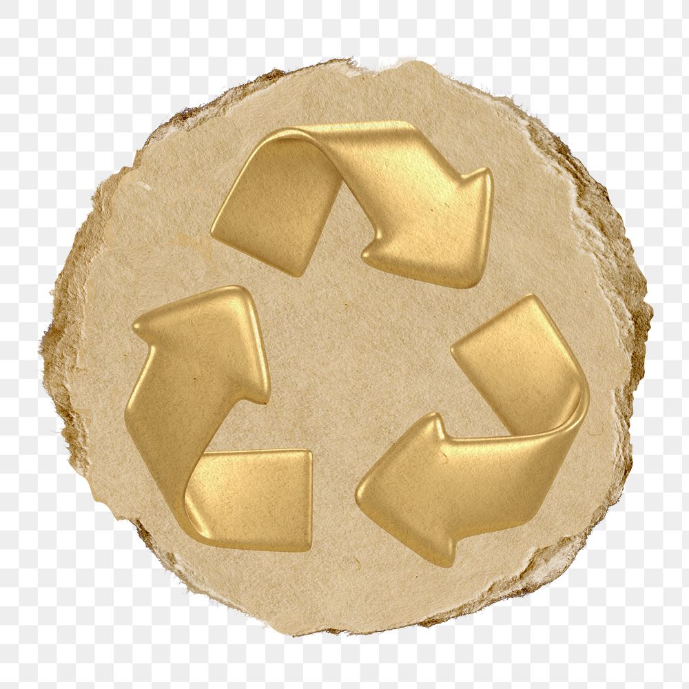 Recycle symbol png, gold environment icon sticker, ripped paper badge, transparent background