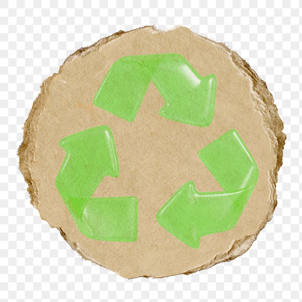 Recycle symbol png environment icon sticker, ripped paper badge, transparent background