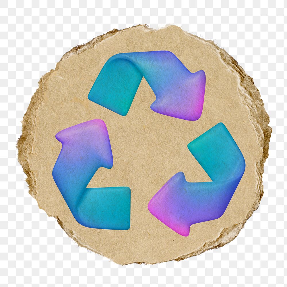 Recycle symbol png environment icon sticker, ripped paper badge, transparent background