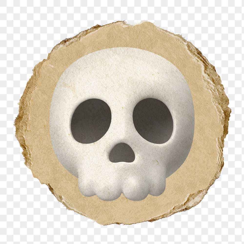 Human skull png icon sticker, ripped paper badge, transparent background