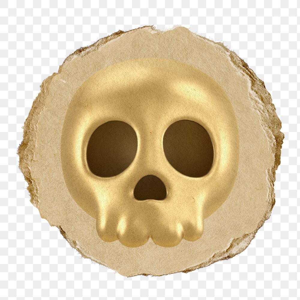Gold skull png icon sticker, ripped paper badge, transparent background