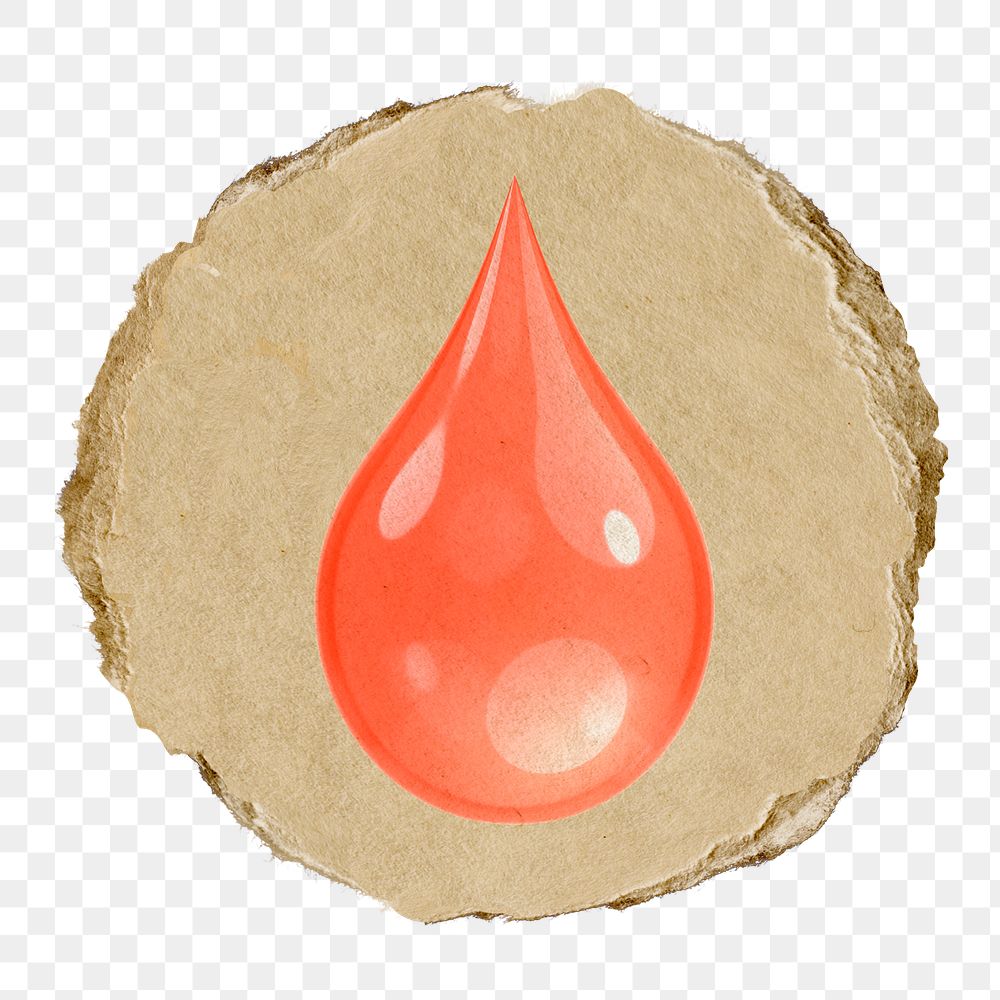 Blood drop, health png icon sticker, ripped paper badge, transparent background