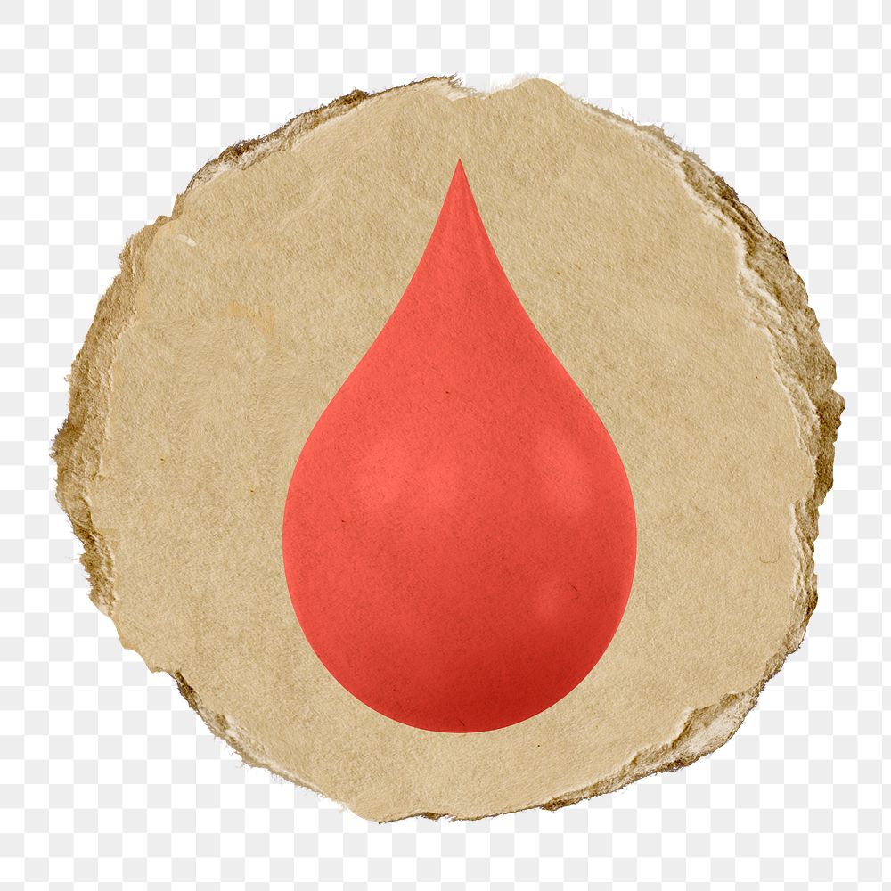 Blood drop, health png icon sticker, ripped paper badge, transparent background