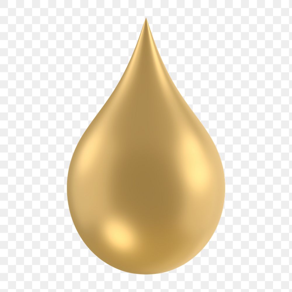 Gold water drop png icon sticker, 3D rendering, transparent background