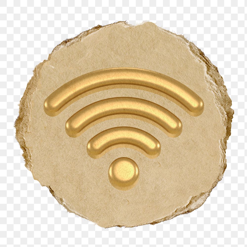 Gold wifi png icon sticker, ripped paper badge, transparent background