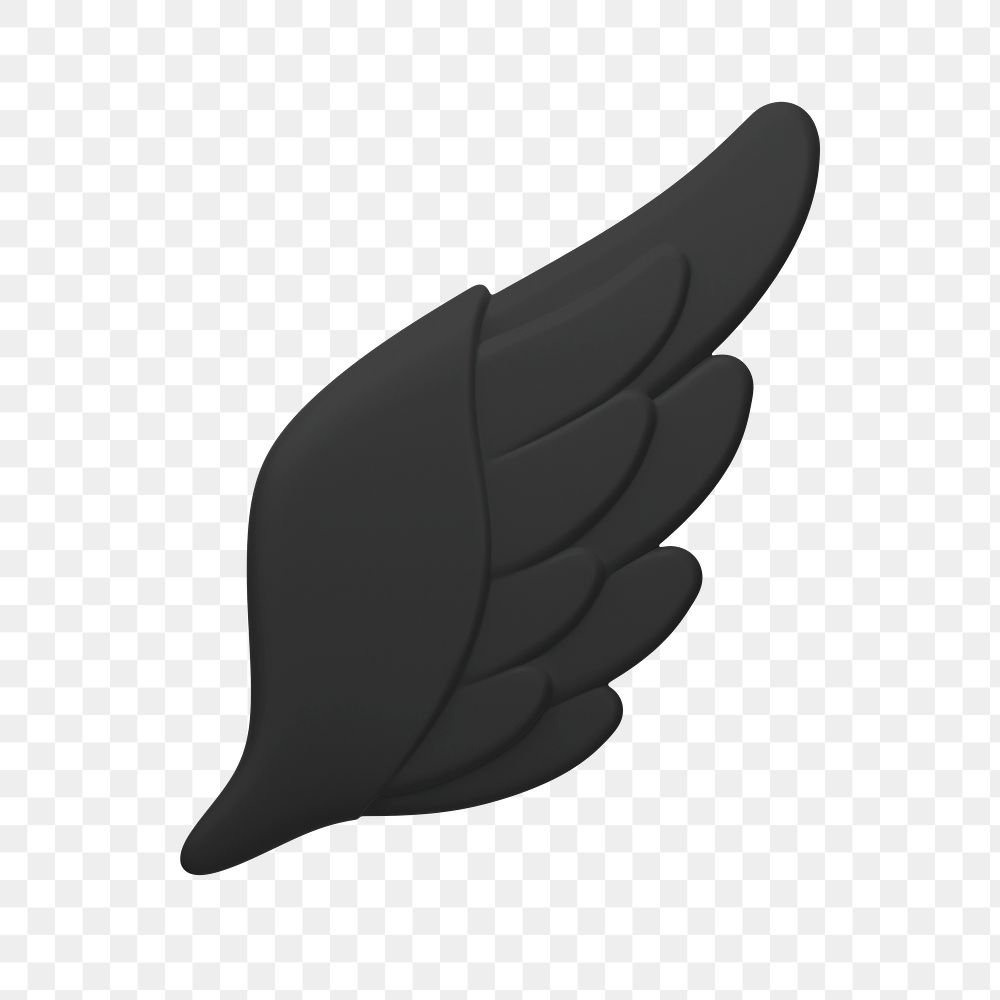 Black angel wing png icon sticker, 3D rendering, transparent background