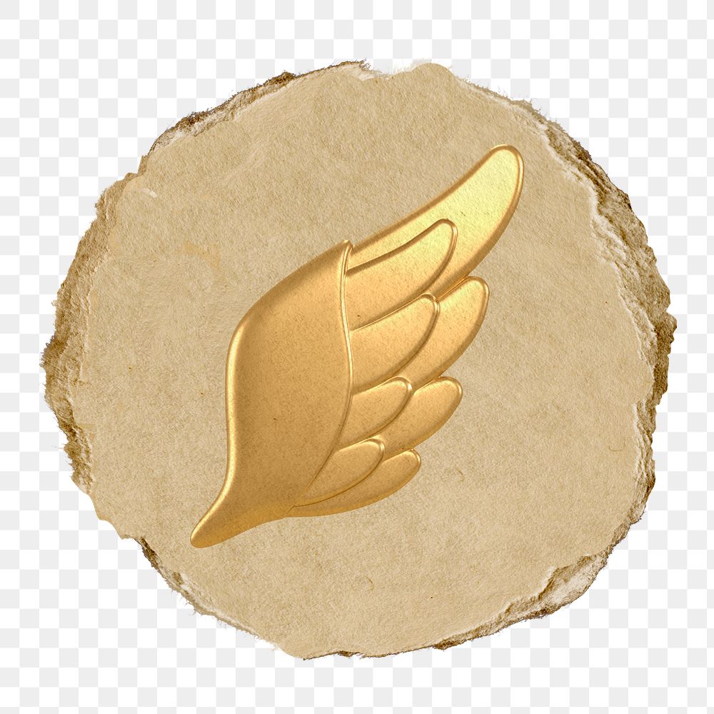 Angel wing png, gold icon sticker, ripped paper badge, transparent background