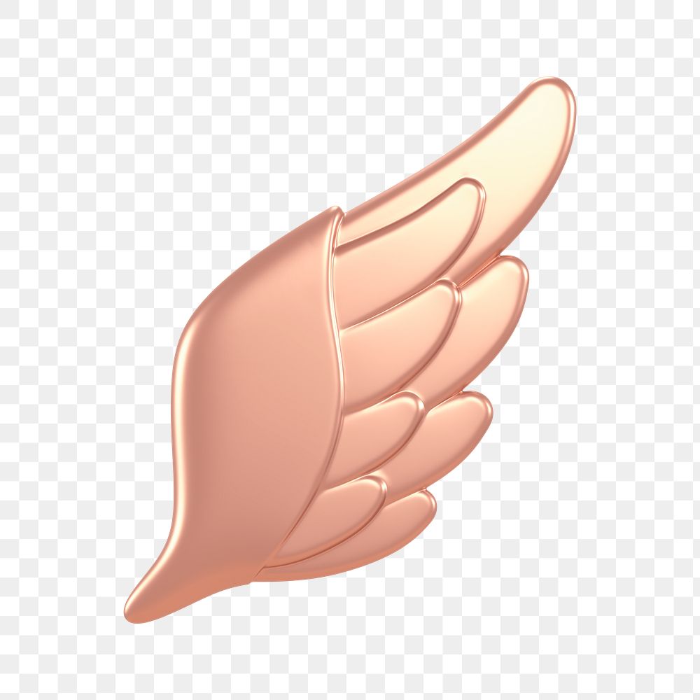 Angel wing png icon sticker, rose gold 3D rendering, transparent background