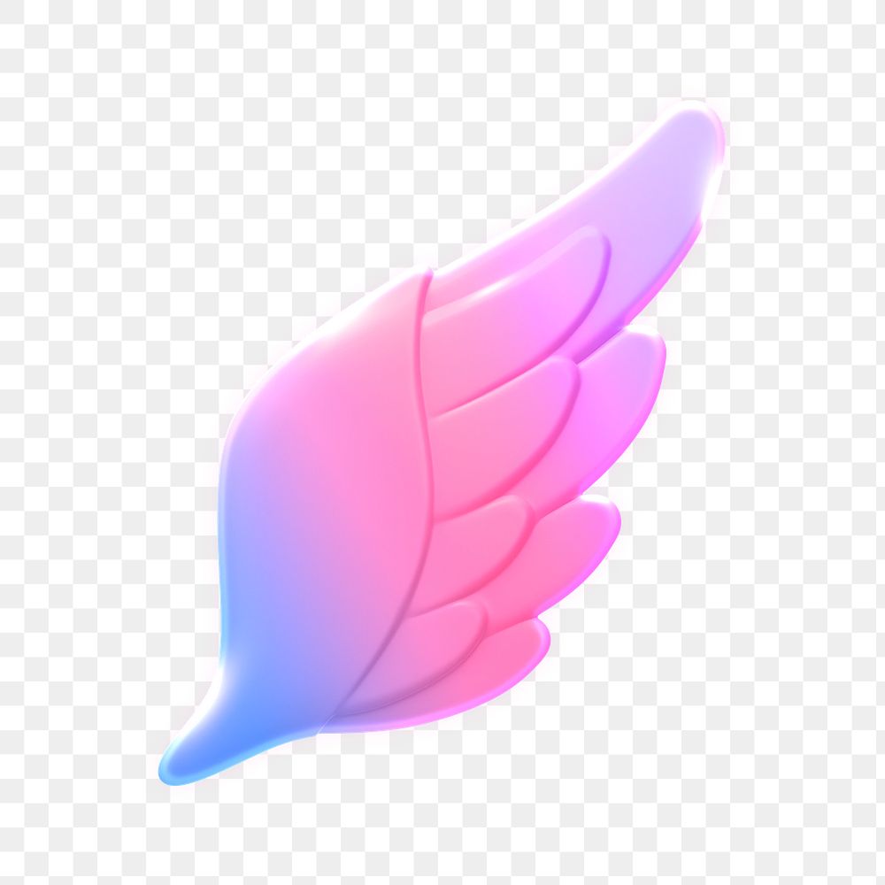 Angel wing png, neon icon sticker, 3D rendering, transparent background