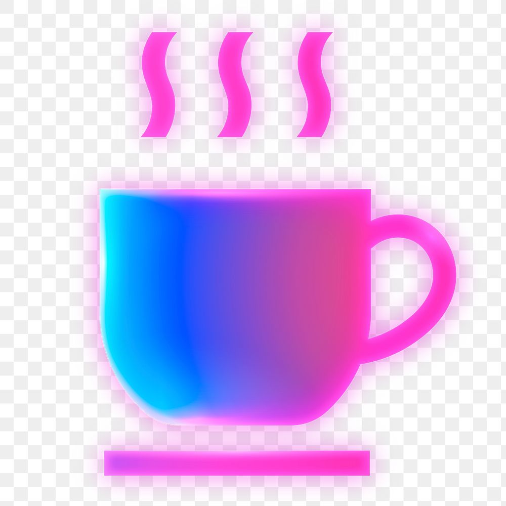 Coffee mug, cafe png icon sticker, neon glow design on transparent background