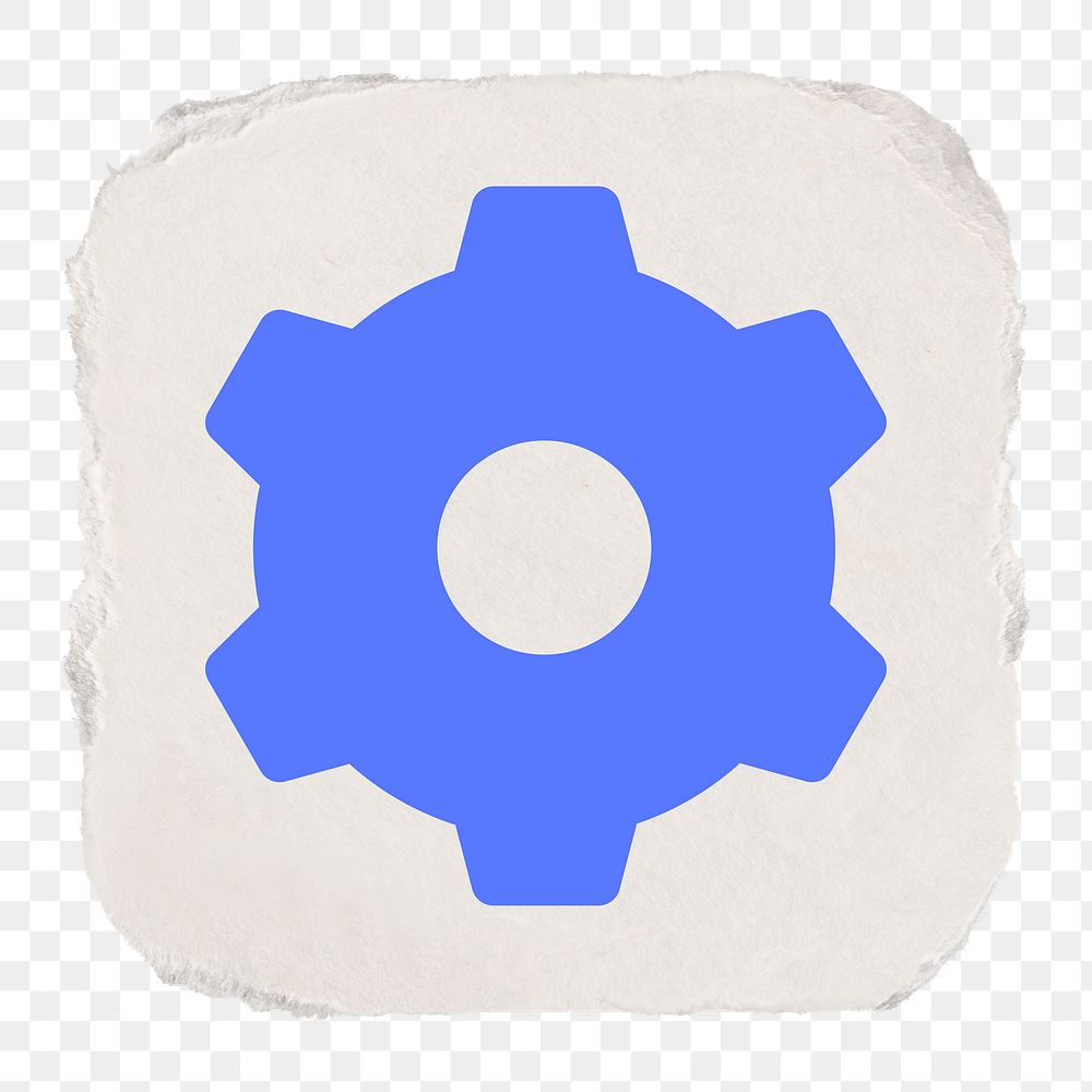 Cog, settings png icon sticker, ripped paper design on transparent background
