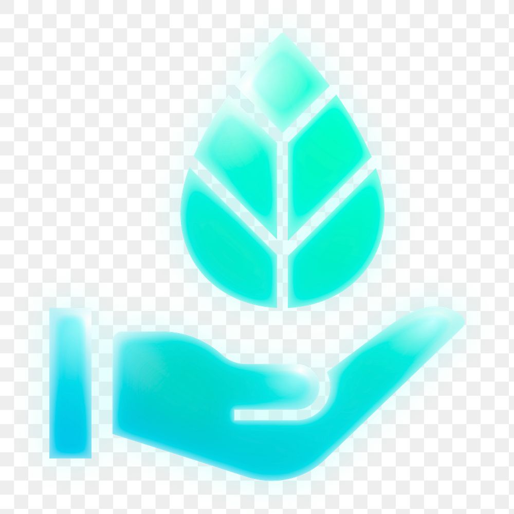 Hand png presenting leaf icon  sticker, neon glow, transparent background