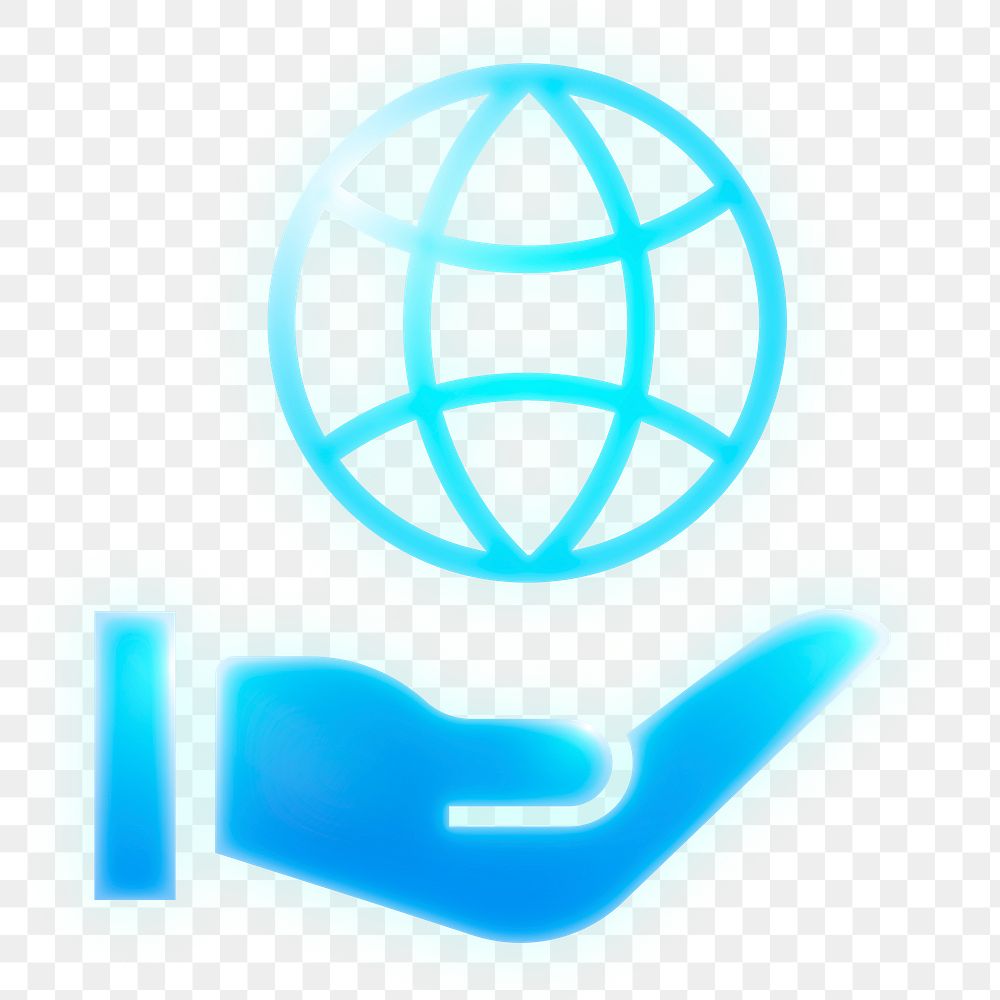Hand png presenting globe icon  sticker, neon glow, transparent background