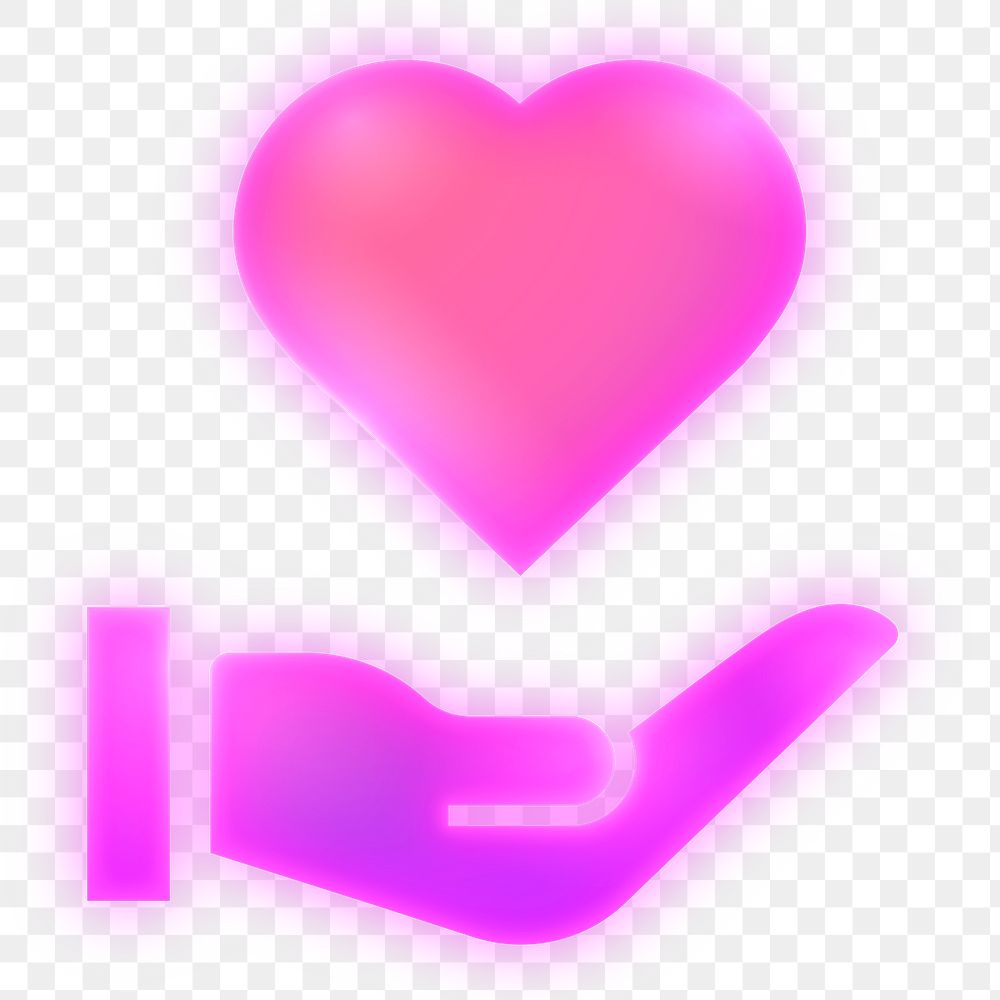 Hand png presenting heart icon sticker, neon glow, transparent background