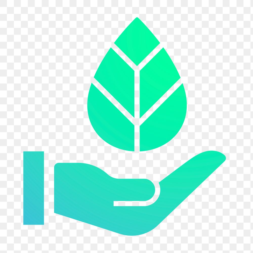 Hand png presenting leaf icon sticker, gradient design, transparent background