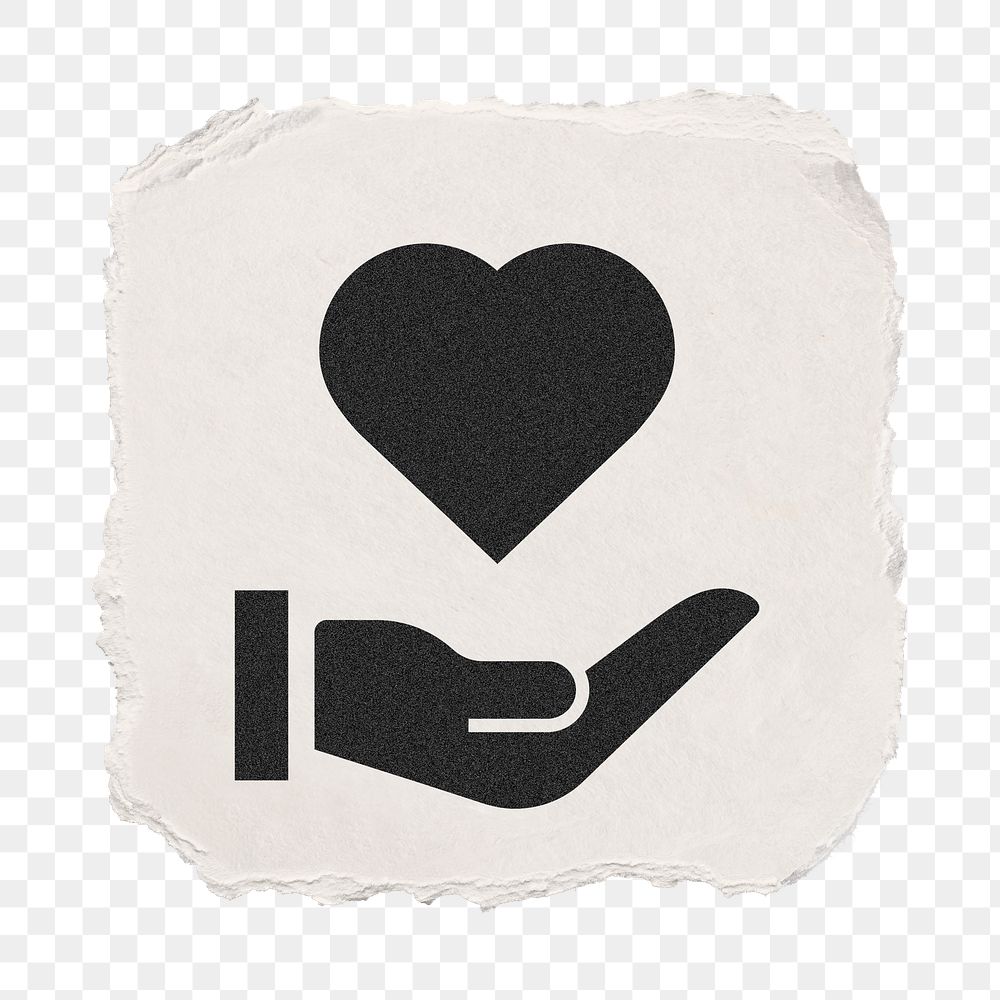 Hand png presenting heart icon sticker, ripped paper design, transparent background