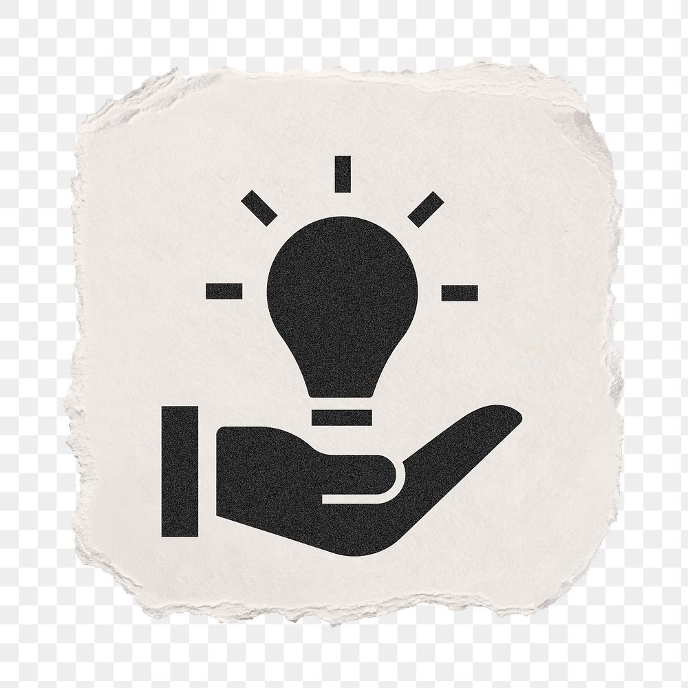 Light bulb png hand icon sticker, ripped paper design, transparent background