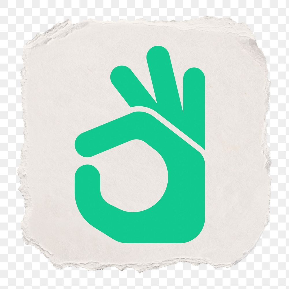 Okay hand png icon sticker, ripped paper design, transparent background