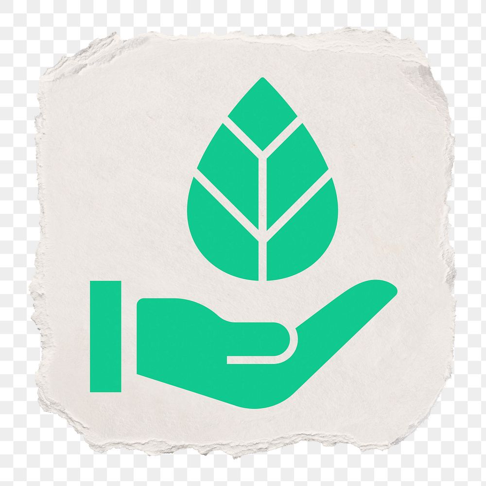 Hand png presenting leaf icon sticker, ripped paper design, transparent background