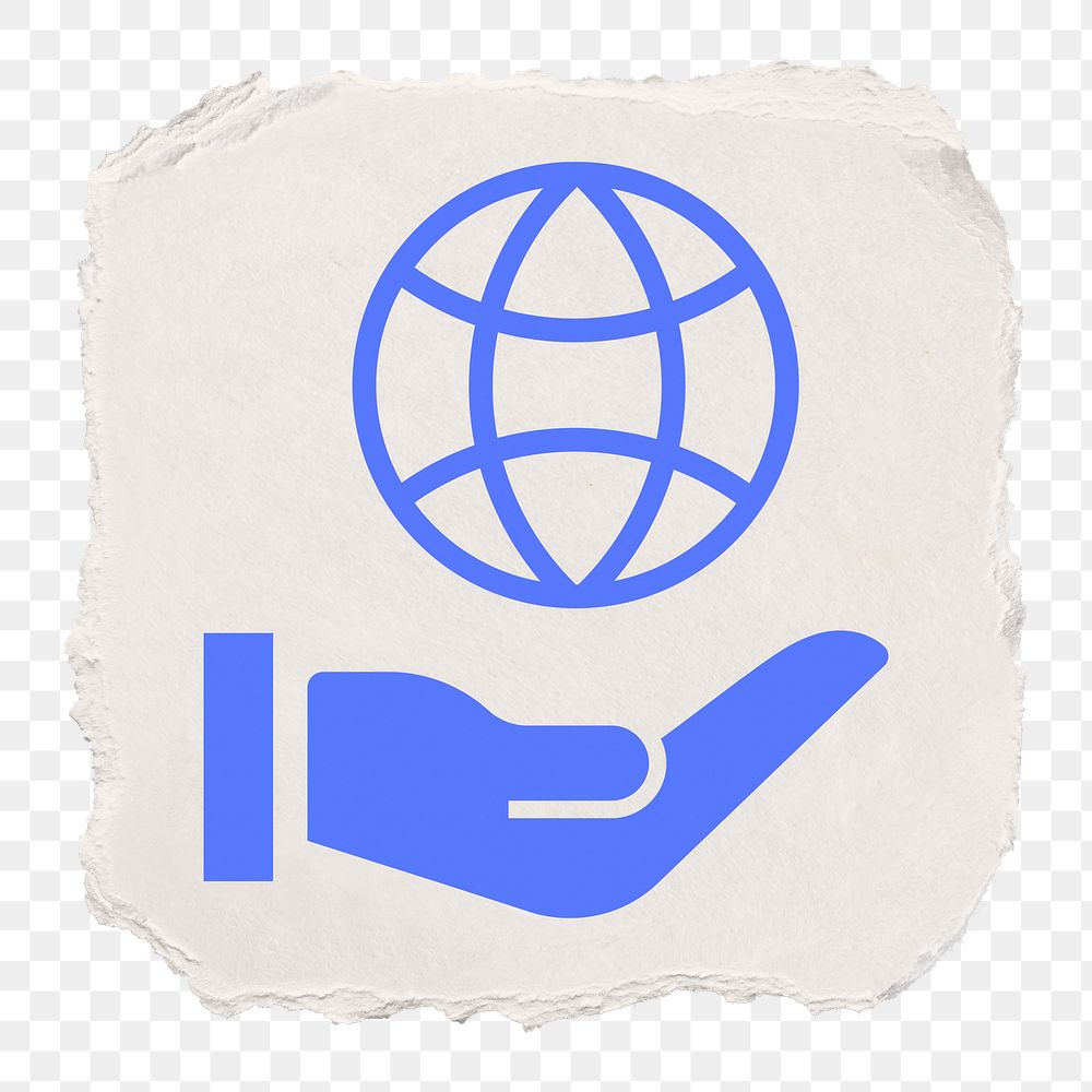 Hand png presenting globe icon sticker, ripped paper design, transparent background