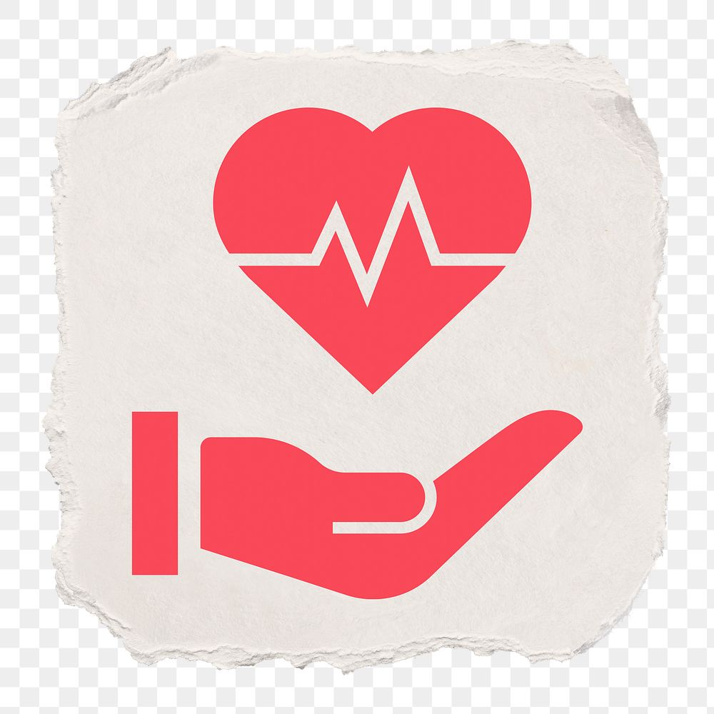 Heartbeat hand png icon sticker, ripped paper design, transparent background