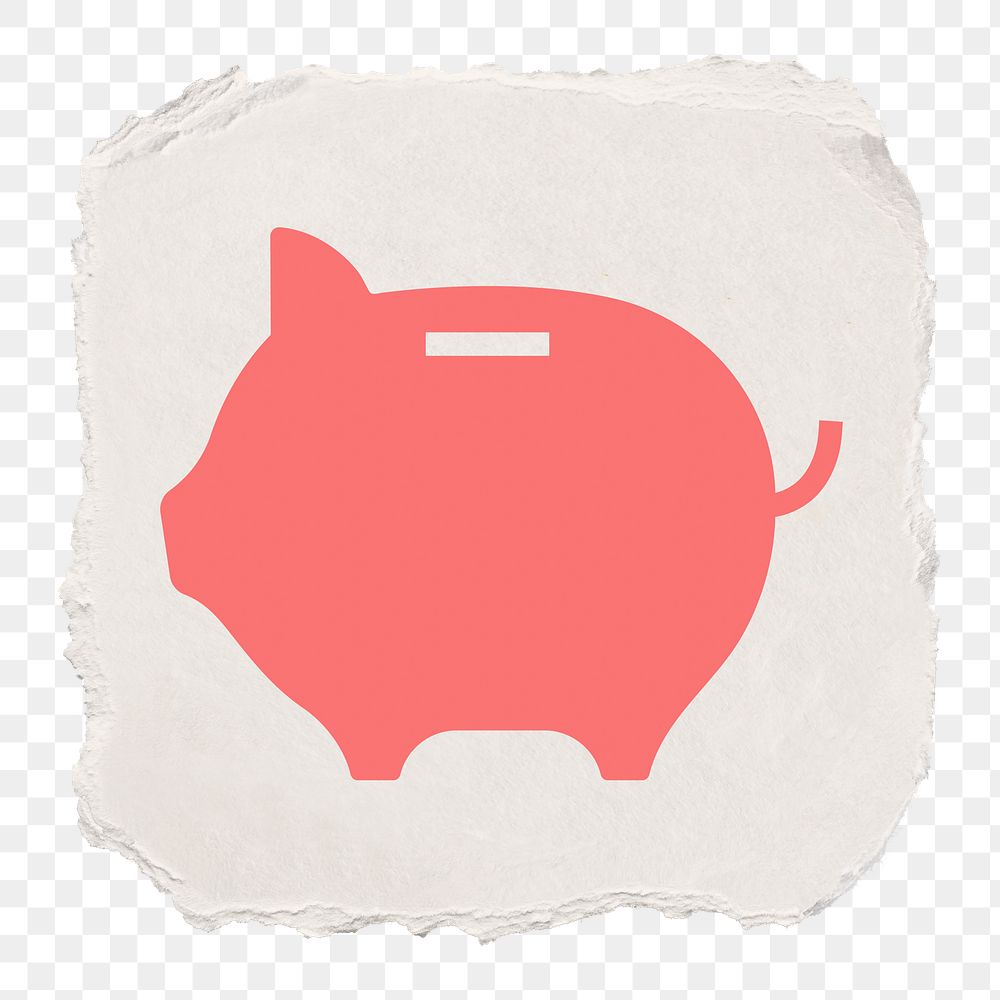 Piggy bank png icon sticker, ripped paper design, transparent background