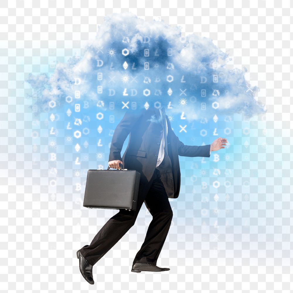 Surreal businessman png sticker, cloud head, transparent background