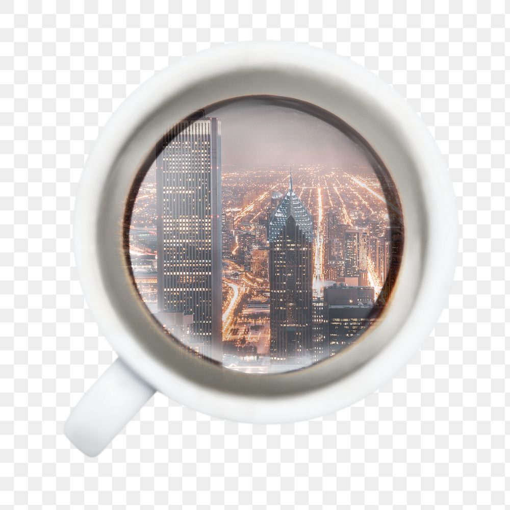 Night city png sticker, cup, circle shape remixed media design, transparent background
