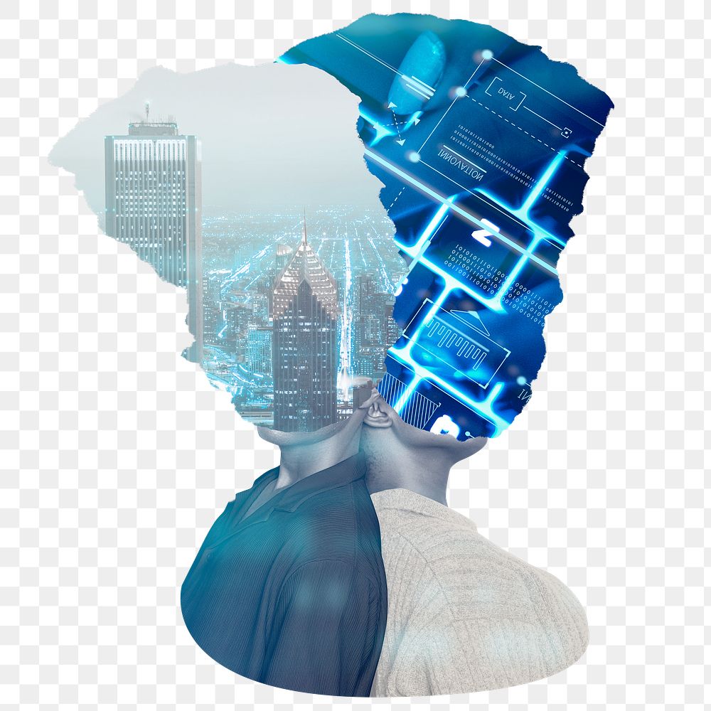 Png technology sticker, people head remixed media design, transparent background
