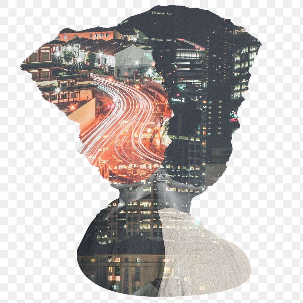 Night city png sticker, people head remixed media design, transparent background