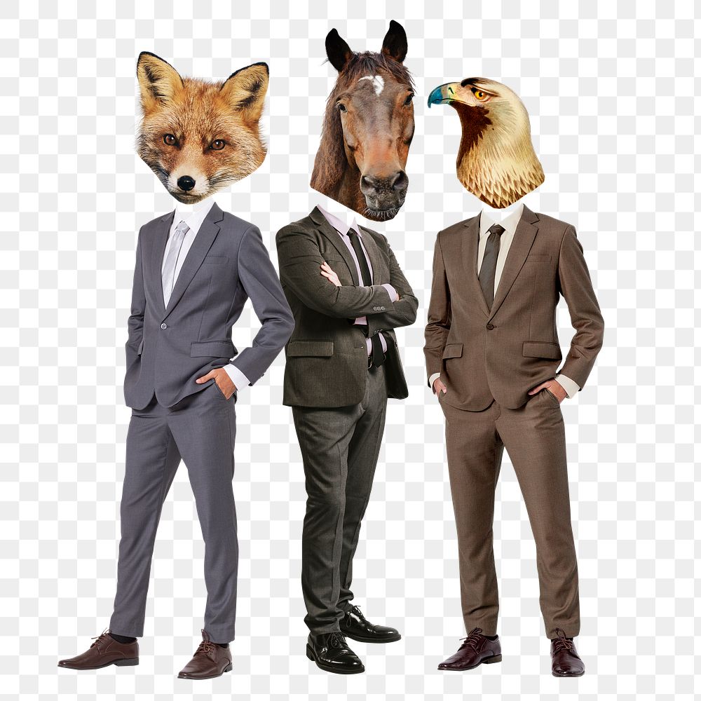 Businessmen png animal head sticker, surreal remixed media, transparent background