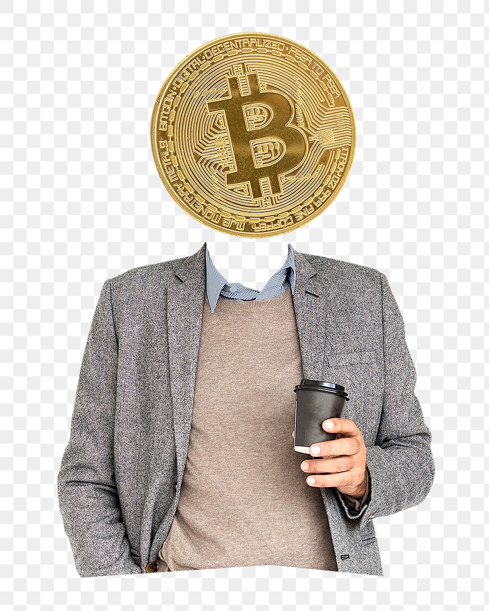 Bitcoin head png businessman sticker, finance remixed media, transparent background