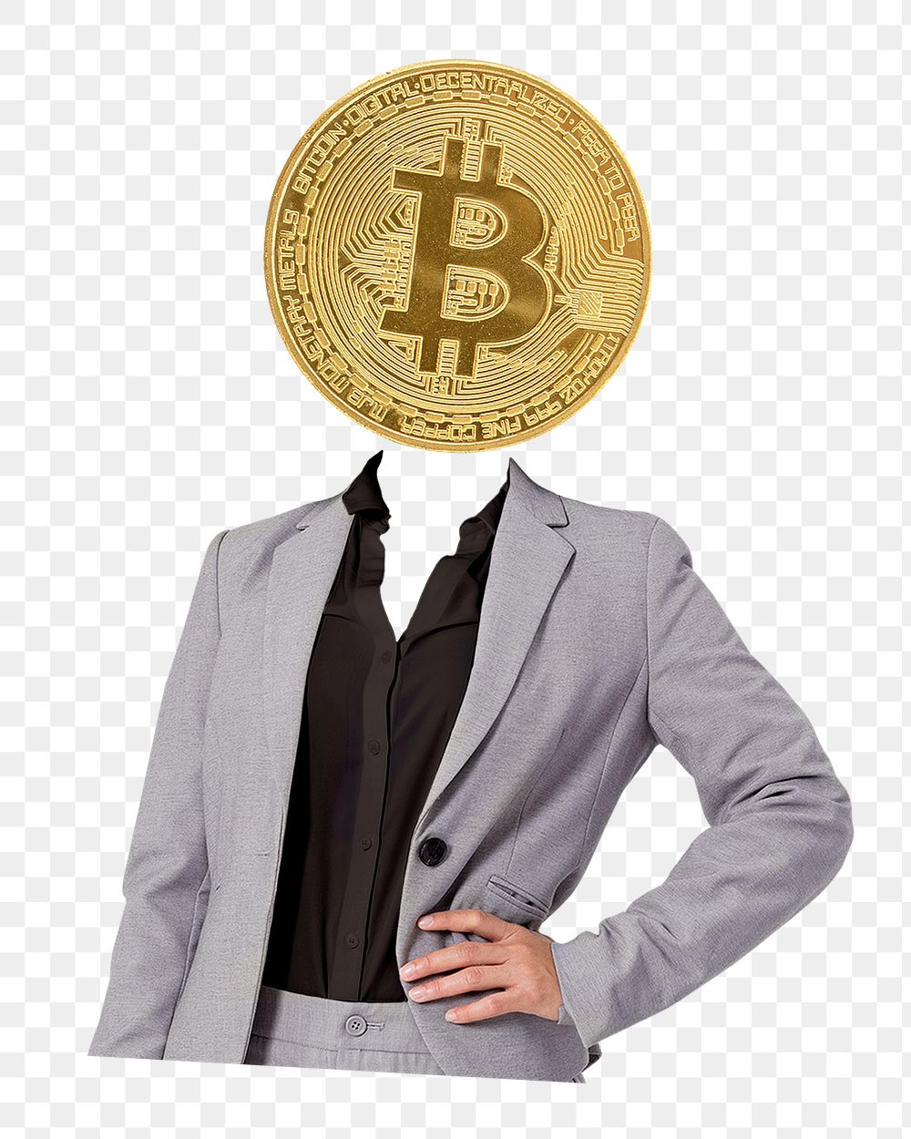 Bitcoin head png businesswoman sticker, finance remixed media, transparent background