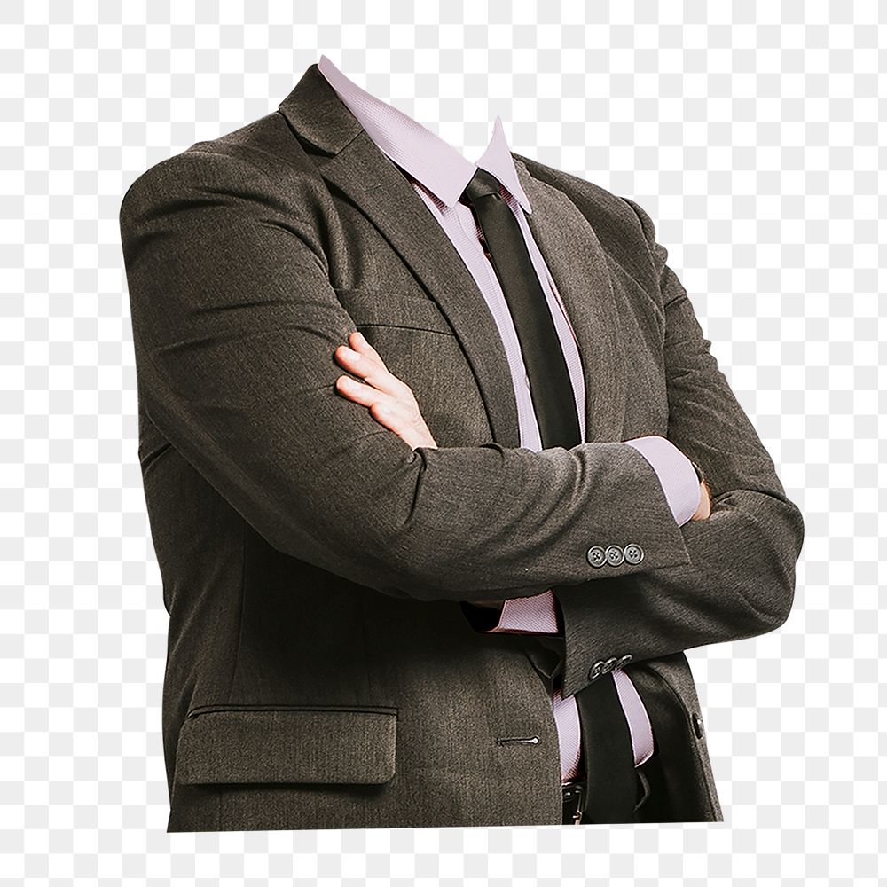 Headless businessman png sticker, arms crossed cut out on transparent background