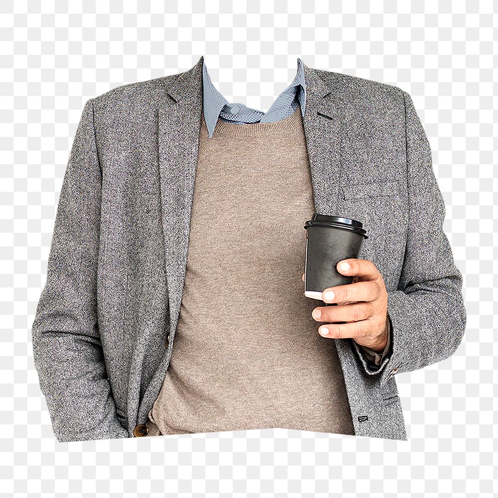 Headless businessman png sticker, holding coffee cup cut out on transparent background