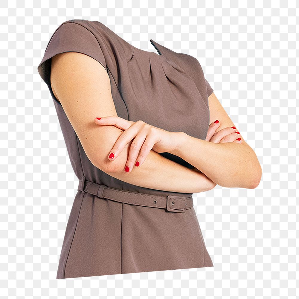 Headless businesswoman png sticker, arms crossed gesture image, transparent background