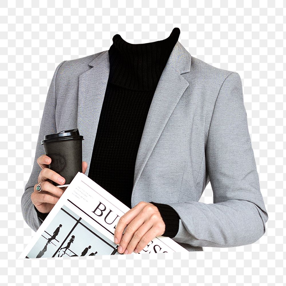 Headless businesswoman png sticker, holding newspaper image, transparent background