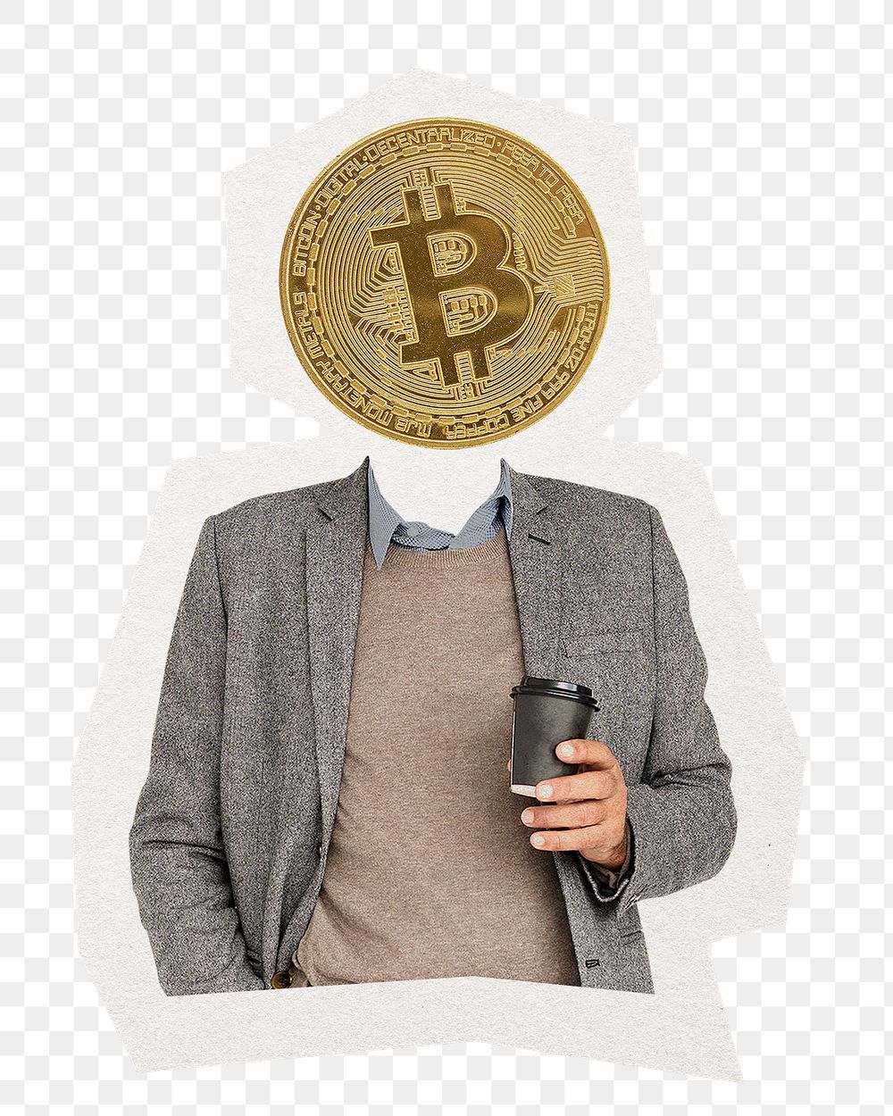 Bitcoin head png businessman sticker, finance remixed media, transparent background
