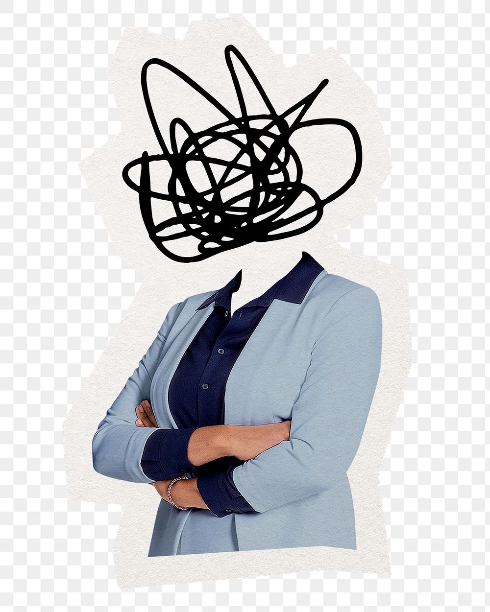 Scribble head png businesswoman sticker, fatigue, mental health, remixed media, transparent background